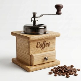 Klasszikus Kézi Kávédaráló Tölgyfából, Retró, Fiókkal, Állítható, gravírozott
