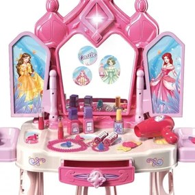 Sminkasztal lányoknak, szék és tükör, különböző kiegészítők, fények, zene, hercegnős matricák, fiók, rózsaszínű