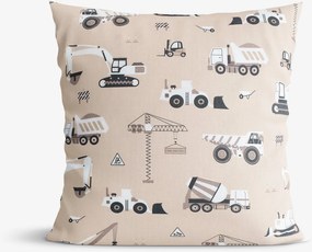 Goldea gyerek pamut párnahuzat - teherautók és markolók bézs alapon 50 x 60 cm