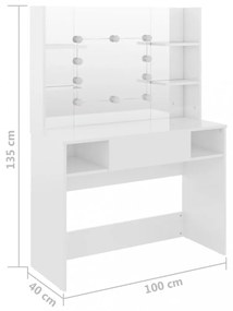 fényes fehér LED-es MDF sminkasztal 100 x 40 x 135 cm