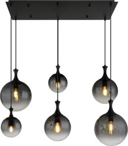 Globo 15885-6H Függeszték fém fekete matt, füstszínű üveg búra, fekete PVC kábel, magassága lerövidíthető, HxSzxM: 970x480x1410mm, a búrák méretei: 2 x 15 cm, 20 cm, 25 cm, 6x E27 LED 10W 230V izzók nélkül