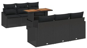 7 részes kerti étkező szett párnákkal fekete poli rattan és akác