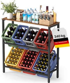 2 szintes, 4 rekeszes acél ital tároló állvány, vintage barna és fekete