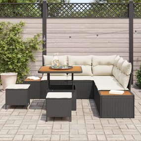 8 Darabos Kert Sofa Szett Párnákkal Fekete Poli Rattan Akáccal