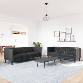 2 részes fekete műbőr Chesterfield kanapégarnitúra