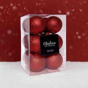Piros glitteres műanyag karácsonyi gömb szett 6 cm 12 db