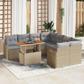 9 Darabos Kerti Kanapé Szett Párnákkal Bézs Poly Rattan Akácia, 2-Fős Kerti Kanapé Párnákkal Bézs Poly Rattan