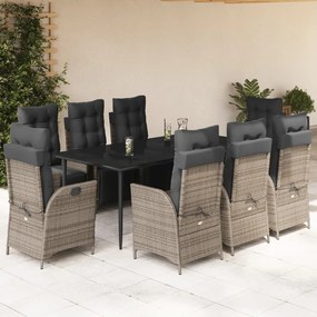 9 részes szürke polyrattan kerti étkezőgarnitúra párnával