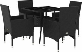 vidaXL 5 részes fekete polyrattan/üveg kerti étkezőgarnitúra párnákkal