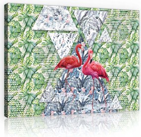 Vászonkép 70x50 Trópusi flamingó rózsaszín zöld geometrikus minta madarak levelek