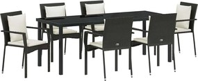 vidaXL Kert étkező szett párnával 7 pcs Fekete polirattan