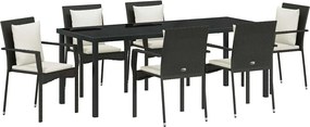 vidaXL Kert étkező szett párnával 7 pcs Fekete polirattan