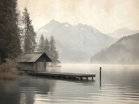 Vászonkép Canvas Táj Tó Erdő Hegyek Híd Kikötő 80x60