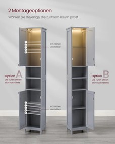 VASAGLE fürdőszobaszekrény világítással 30x30x170 cm, szürke