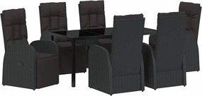 vidaXL Kert étkező szett párnával 7 pcs Fekete polirattan