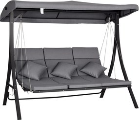 Outsunny 3-Fős Hollywoodi Hintaágy, Állítható Napernyővel, Párnákkal Ellátott Hinta, Maximum 270 kg Teherbírás, Fém, Textil, Szürke, 200 x 115 x 168 c