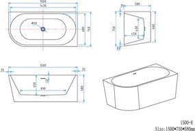 Erga Zara, sarok szabadon álló kád 150x75 cm + leeresztő csavar, jobb, fehér fényes, ERG-Zara-150075R-WH-WH