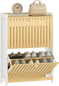 HOMCOM Keskeny Cipőszekrény 2 Bambusz Ajtóval, Állítható Polcokkal, 12 Pár Cipőhöz, 60x24x82,5 cm Fehér és Természetes | Aosom