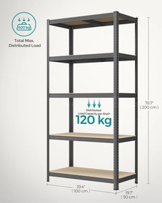 5 szintes fém tároló polc, teherbírás 600 kg, 50 x 100 x 200 cm, szürke