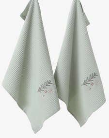 Goldea karácsonyi hímzett waffle konyharuha - gömbök az ágon zsálya háttéren 50 x 70 cm