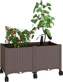 Outsunny emelt virágágyás 6 kerékkel — mobil, önöntözős műanyag ágyás, 80×40×43 cm, barna | Aosom
