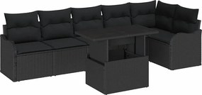 vidaXL Kerti Kanapé Szett párnával párnával 7 pcs Fekete Poly Rattan