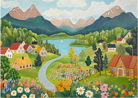 Üveg Üveg kép - Falu a hegyekben (70x50 cm)