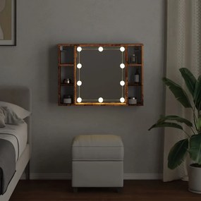 antik fa színű szerelt fa tükrös szekrény LED-ekkel 76x15x55 cm