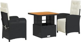 vidaXL 3 részes fekete polyrattan kerti étkezőgarnitúra párnákkal