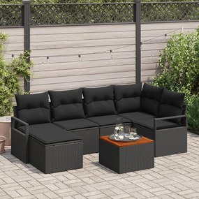7 darabos Kertkanapé Szett Párnákkal Fekete Poli Rattan Akácia, 2-fős Kertkanapé Tárolóval és Párnákkal Fekete Poli Rattan
