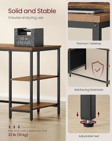 Számítógépasztal, Munkaasztal Tárolóval, 3 Polc, 2 Fiók, 60 x 160 x 76 cm, rusztikus barna