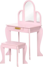 HOMCOM Gyermek Sminkasztal Puffal 3 Tükörrel és Fiókkal 3-6 Év - 52 x 32 x 85 cm - Rózsaszín | Aosom