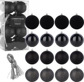 16 db Törésbiztos Karácsonyfadísz, Ünnepi, Fekete karácsonyfadísz szett