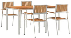 5 Részes Kerti Étkezőszett Tömör Fa Tikfa, Kültéri Étkezőasztal 150x90x75 cm Tömör Fa Tikfa, Rakásolható Kerti Székek 4 db Tömör Fa Tikfa és Fém