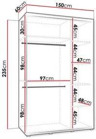 Ruhásszekrény tolóajtókkal Foktra 3 150 (kasmír + fekete) (tükörrel). 1105699