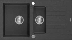 Mexen Matias gránit mosogató 1,5 medencés csepegtetővel 900 x 505 mm, fekete pettyezett, króm szifon - 6502901505-76