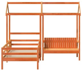 viaszbarna tömör fenyőfa ágy és pad szett tetővel 100 x 200 cm