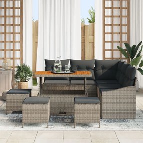 8 darabos kerti kanapé szett párnákkal szürke poli rattan akáciával, 2 fős kerti kanapé párnákkal szürke poli rattan, 3 darabos kerti étkező szett párnákkal szürke poli rattan akáciával