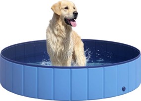 PawHut Összecsukható Kutyafürdő Medence – Kutyák és Macskák Számára – Tálca - Műanyag+Fa, Kék Ø140 x H30 cm | Aosom