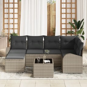 7 darabos kerti kanapészett párnákkal szürke Poly Rattan, 2 fős kerti kanapé tárolóval és párnákkal világosszürke Poly Rattan