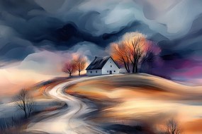 Vászonkép Canvas Tájkép Dombok Falu Ház Fa Felhők Vihar 60x40