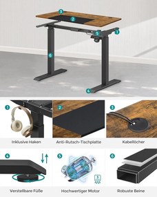 Állítható magasságú elektromos íróasztal 140 x 60 x (72-120) cm, vintage barna/fekete