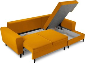 Mustársárga kordbársony kinyitható tárolóhelyes sarokkanapé (jobb oldali-heverő résszel) Kyoto – Cosmopolitan Design