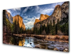 Akril üveg kép Forest Lake Mountain Nature 125x50 cm