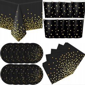 Pöttyös Szett Tányérok Bögrék Szalvéta Asztalterítő Fekete-arany Pöttyök