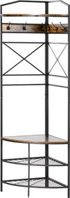 HOMCOM Szabadonálló Kabátállvány Fogasokkal, Sarok Belépő Kabátállvány Ülőfelülettel és Cipőtartóval, Ipari Stílusú Polc, 50x50x183cm, Rusztikus Barna