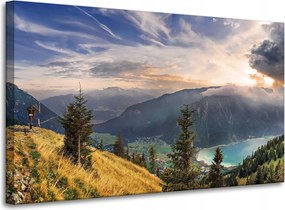 Vászonkép Nap a hegyek felett Felhők Falu 100x60 cm