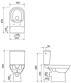 Cersanit CITY - WC kombi + antibakteriális ülőke lassan záródó funkcióval, vízszintes hulladék, vízellátás alulról, K35-036