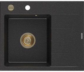 Mexen Ben gránit mosogató 1-medencés csepegtetővel, balos 600 x 500 mm, fekete/ezüst metál szifon arany - 6522605000-73-G