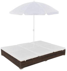 barna polyrattan napozóágy napernyővel